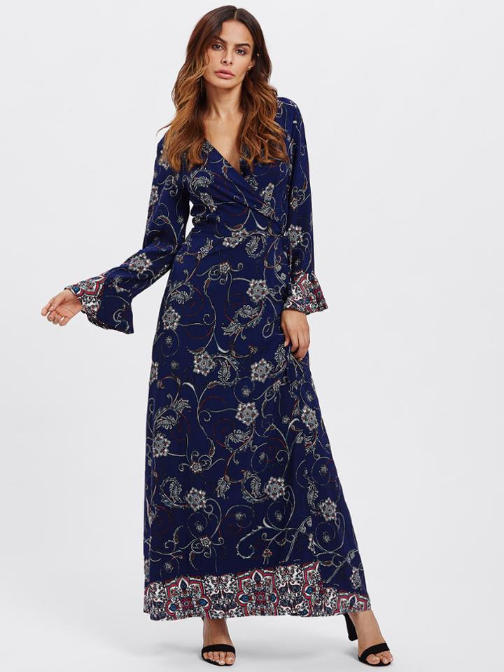 Shein Bell Cuff Paisley Floral Wrap Dress