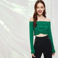 Shein Off Shoulder Twist Hem Crop Tee