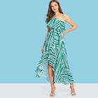 Shein One Shoulder Self Belted Asymmetrical Hem Striped Dress