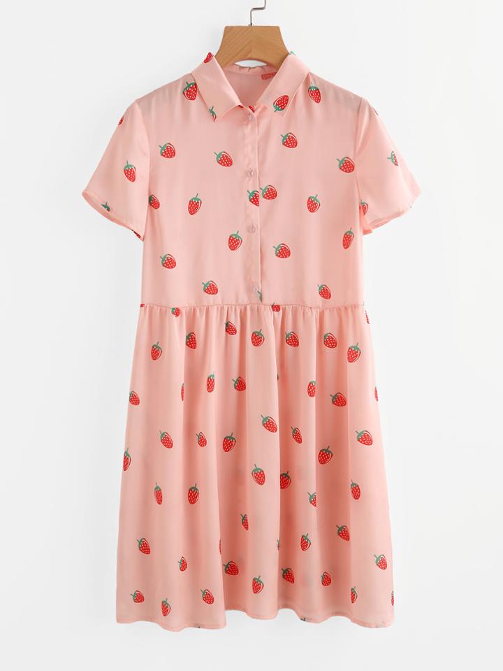 Shein Allover Strawberry Print Half Placket Smock Dress