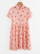 Shein Allover Strawberry Print Half Placket Smock Dress