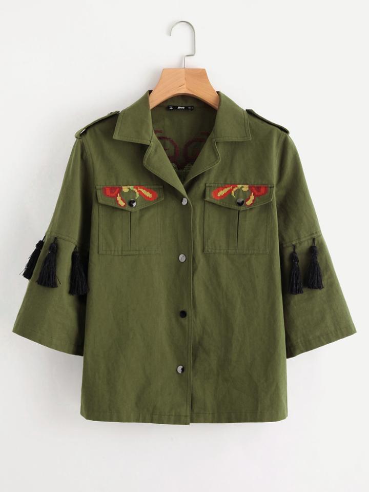 Shein Knot Tassel Trim Embroidered Utility Jacket