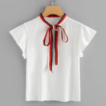 Shein Contrast Striped Tie Neck Tee