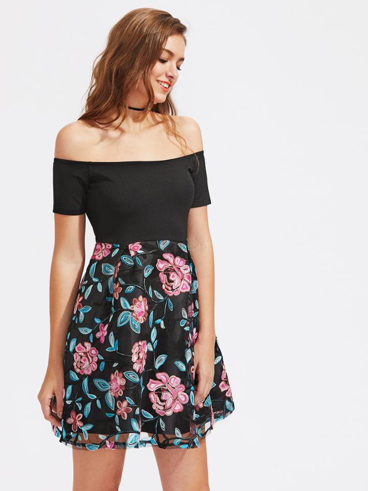 Shein Bardot Flower Print Flare Dress