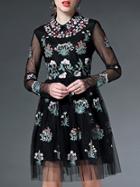 Shein Black Sheer Sleeve Gauze Embroidered A-line Dress