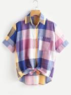 Shein Multi-plaid Knotted Hem Shirt