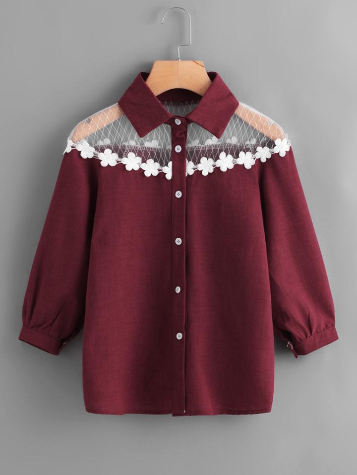 Shein Contrast Lace Appliques Shirt