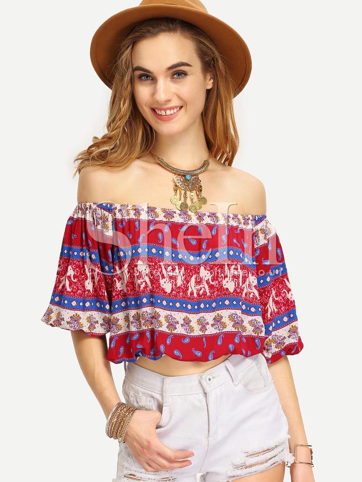 Shein Multicolor Off The Shoulder Crop Blouse