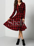 Shein Red Black Long Sleeve Lapel Plaid Shirt Dress