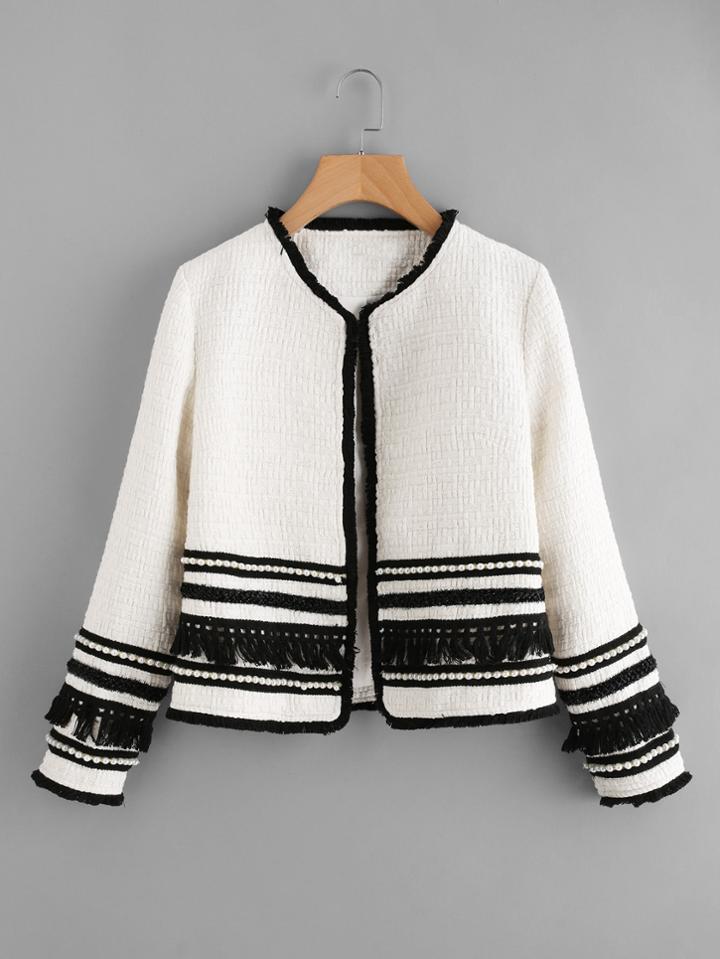 Shein Pearl & Fringe Tape Embellished Tweed Blazer