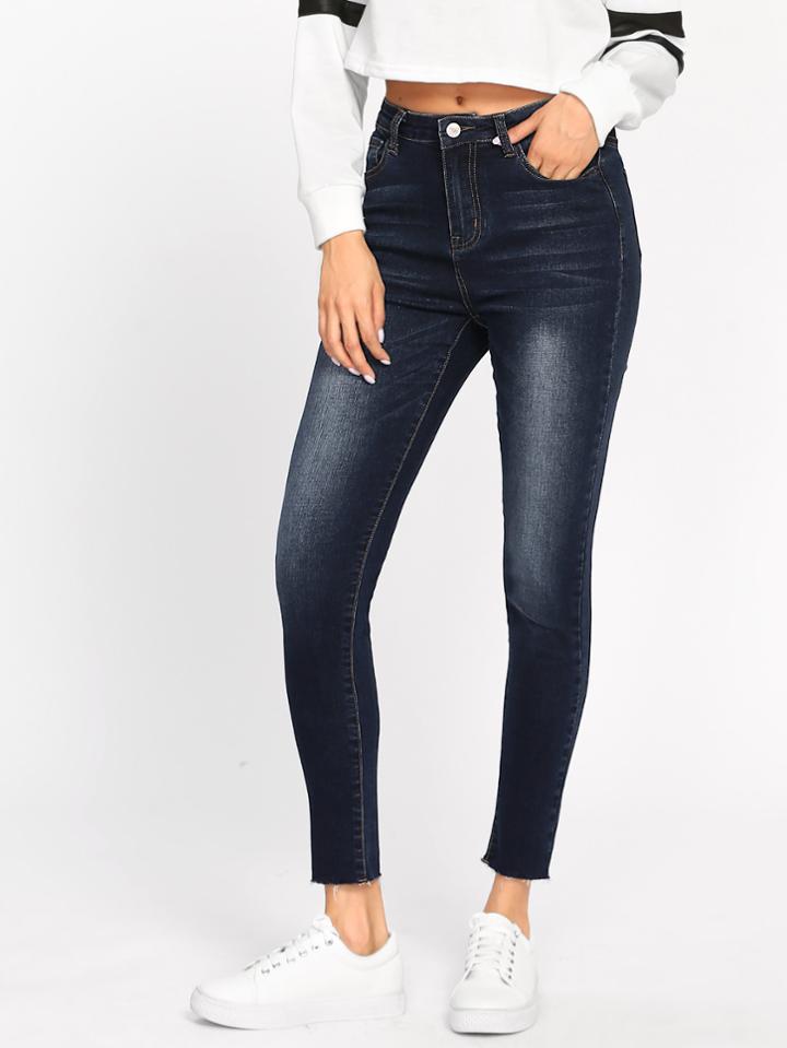 Shein Dark Wash Raw Hem Jeans