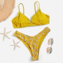 Shein Ruffle With Random Leopard Print High Leg Bikini Set