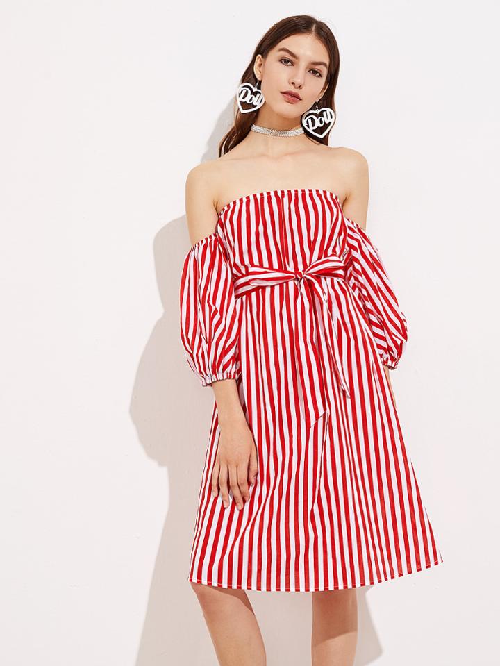 Shein Bishop Sleeve Belted Bardot Dress