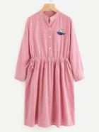 Shein Cat Embroidery Drawstring Waist Striped Shirt Dress