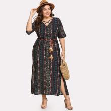 Shein Plus Ornate Print Knot Side Slit Dress