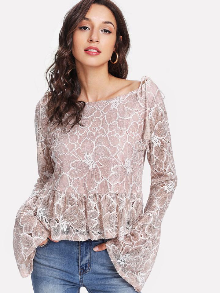 Shein Tie Detail Flounce Sleeve Ruffle Hem Blouse