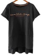 Shein Black Dip Hem Chiffon Splicing Letters Bronzing T-shirt