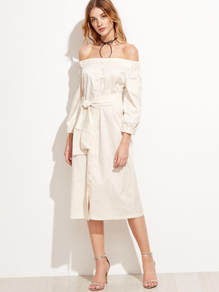 Shein Apricot Off The Shoulder Tie Detail Shirt Dress