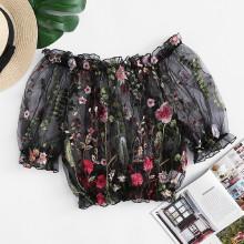 Shein Flower Embroidery Puff Sleeve Sheer Blouse