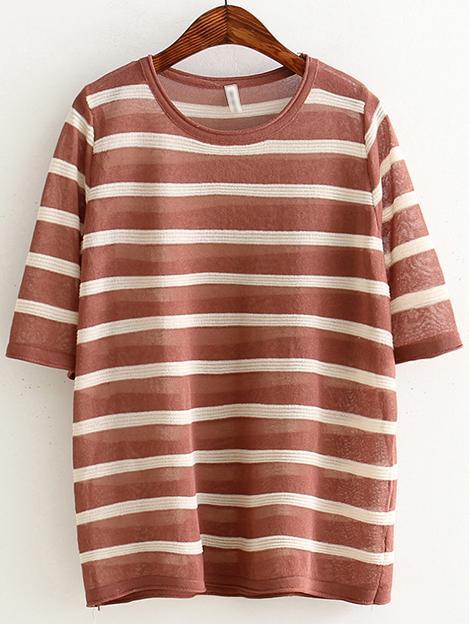 Shein Brown Round Neck Stripe Sheer T-shirt
