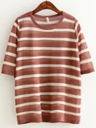 Shein Brown Round Neck Stripe Sheer T-shirt