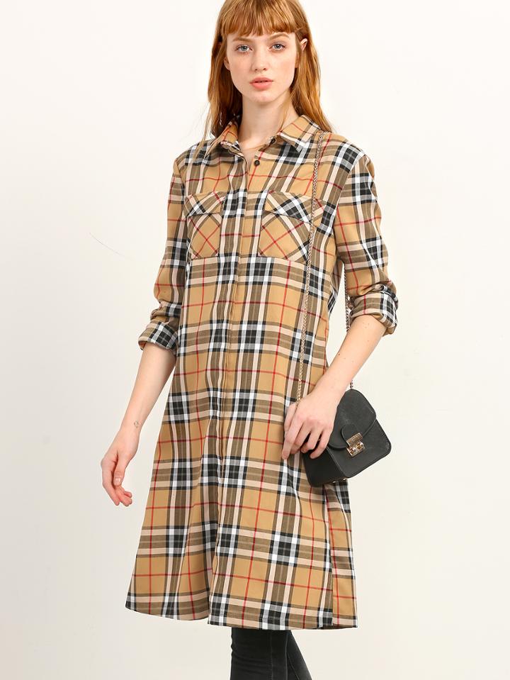 Shein Khaki Plaid Split Lace Up Back Longline Blouse