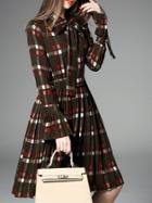 Shein Brown Tie Neck Bell Sleeve Plaid Pleated Dress