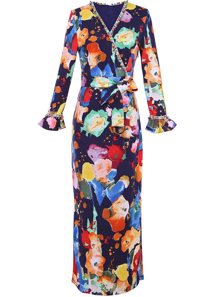Shein V Neck Bell Sleeve Color Block Dress