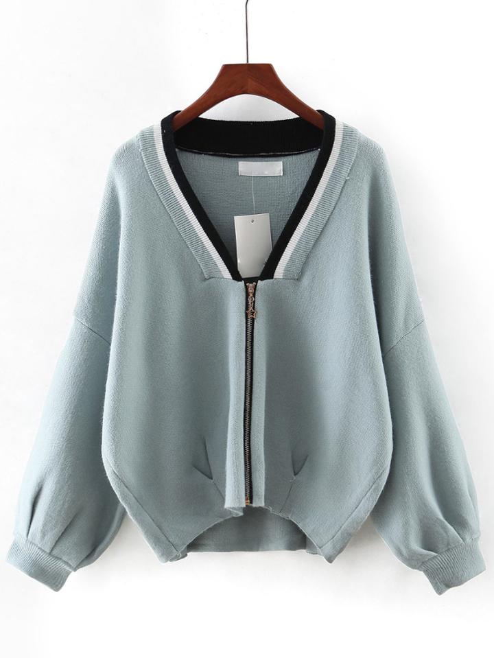 Shein Green V Neck Zipper Front Sweater