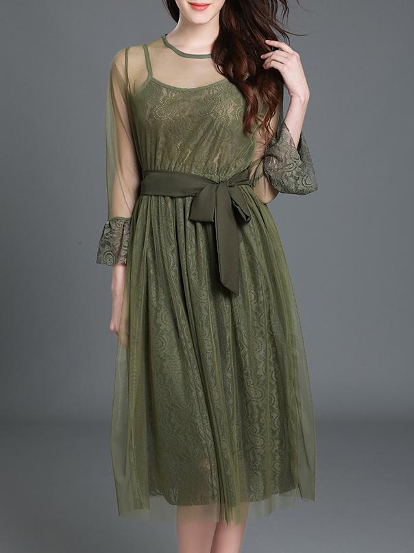 Shein Army Green Sheer Tie-waist Gauze Lace Dress