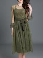 Shein Army Green Sheer Tie-waist Gauze Lace Dress