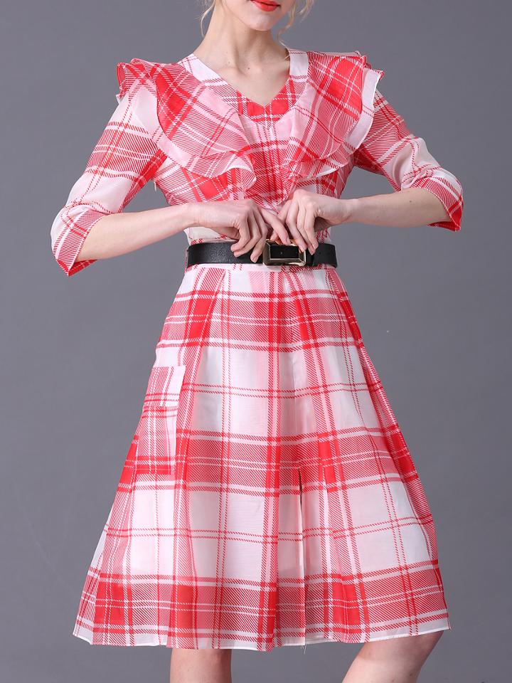 Shein Red V Neck Ruffle Pockets Belted Organza Dress
