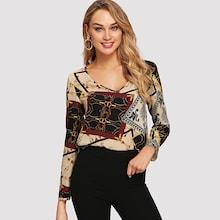 Shein V-neck Retro Print Top