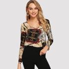Shein V-neck Retro Print Top