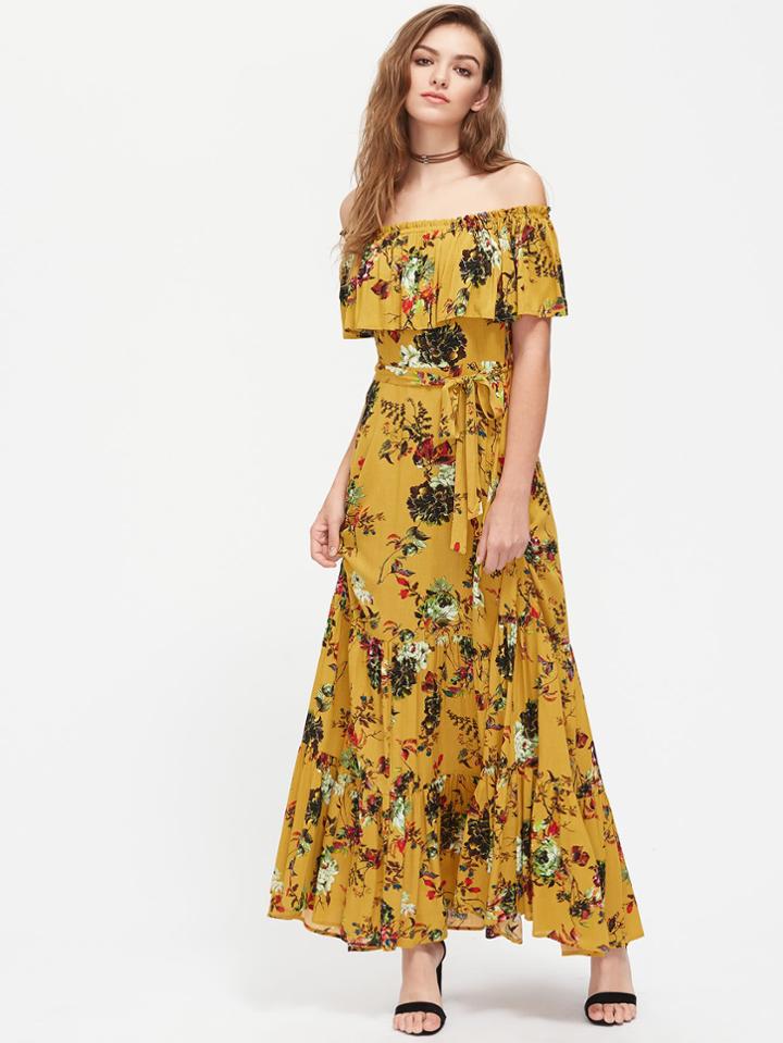 Shein Flounce Off Shoulder Tiered Hem Botanical Dress