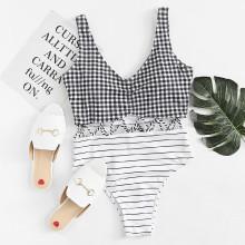 Shein Gingham & Striped Print Tassel Tie Swimsuit