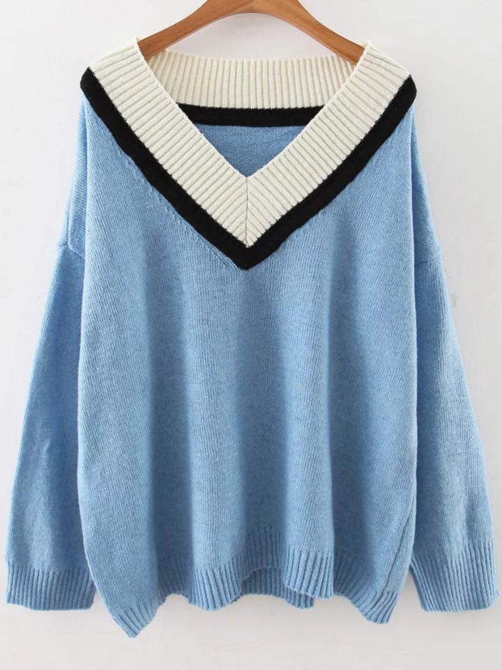 Shein Blue V Neck Drop Shoulder Loose Sweater