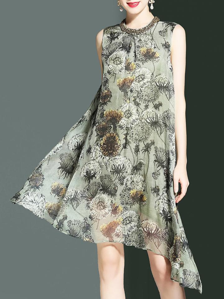 Shein Beading Neck Floral Asymmetric Dress