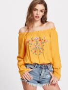 Shein Flower Embroidered Ruffle Off Shoulder Top