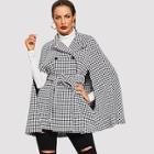 Shein Cloak Sleeve Tie Waist Houndstooth Coat