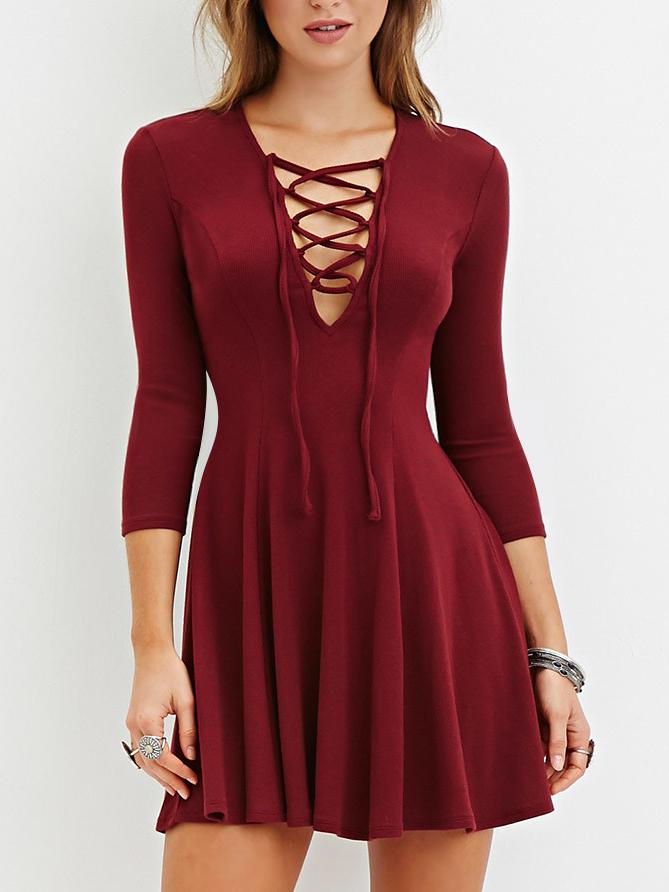 Shein Burgundy Deep V Neck Lace Up Dress