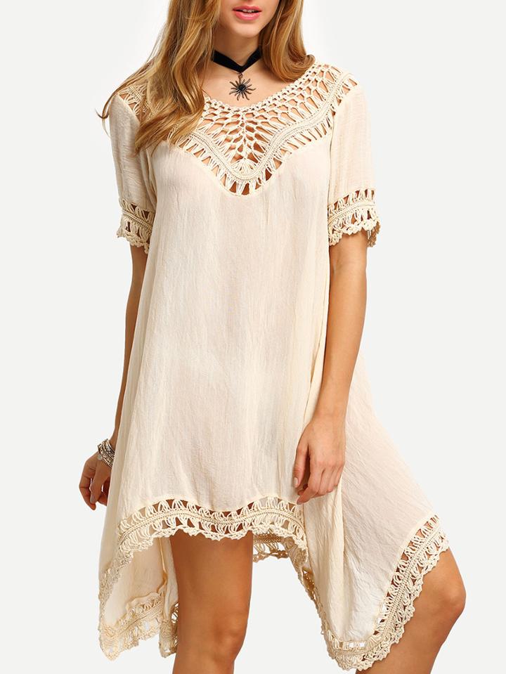 Shein Apricot Crochet Hollow Out Asymmetrical Dress