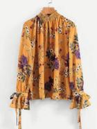 Shein Tied Cuff Shirred Neck Floral Blouse