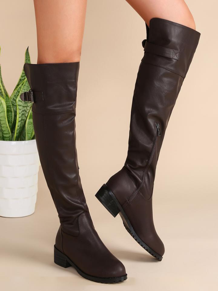 Shein Coffee Almond Toe Zip Side Buckled Knee Boots