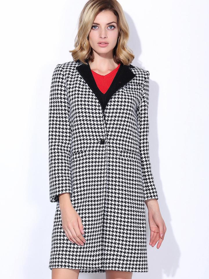 Shein Black V Neck Long Sleeve Houndstooth Coat