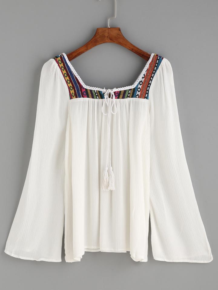 Shein White Tassel Tie Long Sleeve Embroidered Blouse