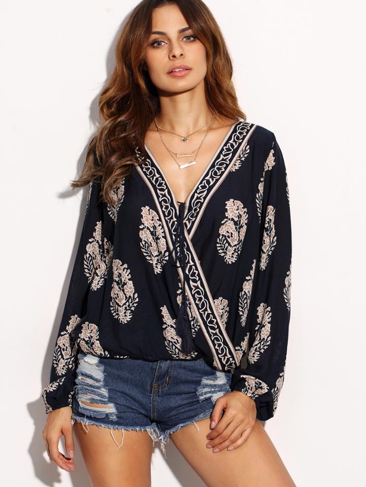 Shein Navy Botanical Print Draped Blouse