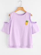 Shein Embroidered Pineapple Patch Frilled Open Shoulder Tee