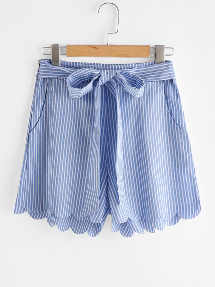 Shein Bow Tie Waist Wave Hem Shorts