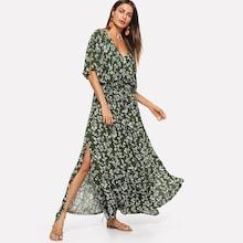 Shein Calico Print Belted Split Kimono Dress